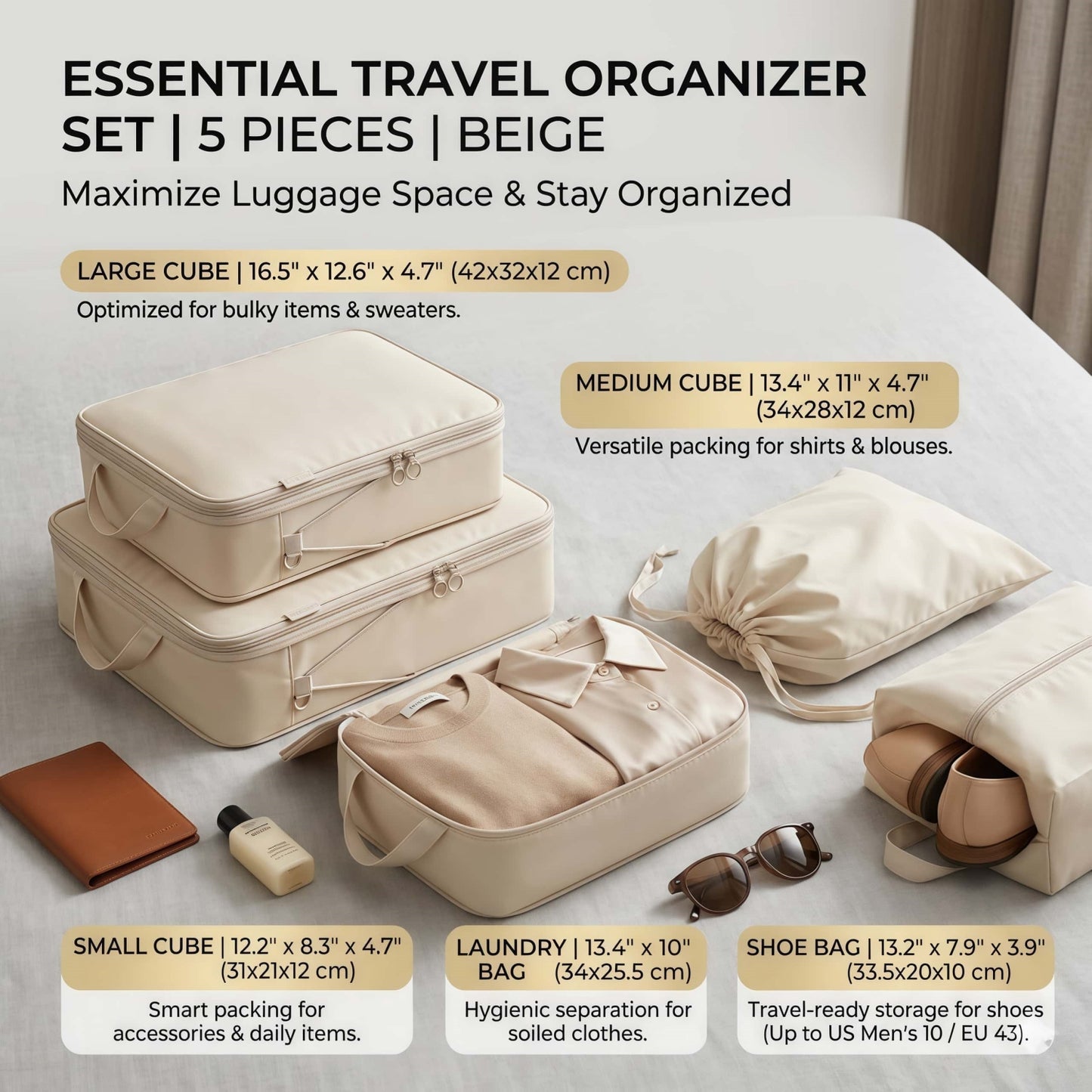 7-Piece Compression Packing Cubes Set for Travel, Water-Resistant Luggage Organizers - Beige