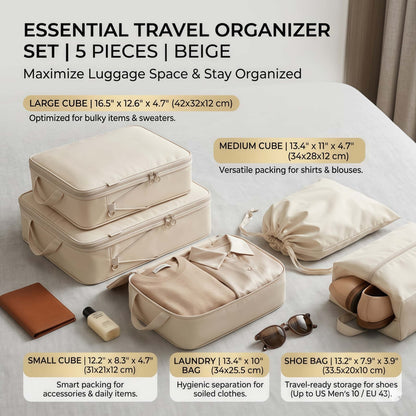 7-Piece Compression Packing Cubes Set for Travel, Water-Resistant Luggage Organizers - Beige