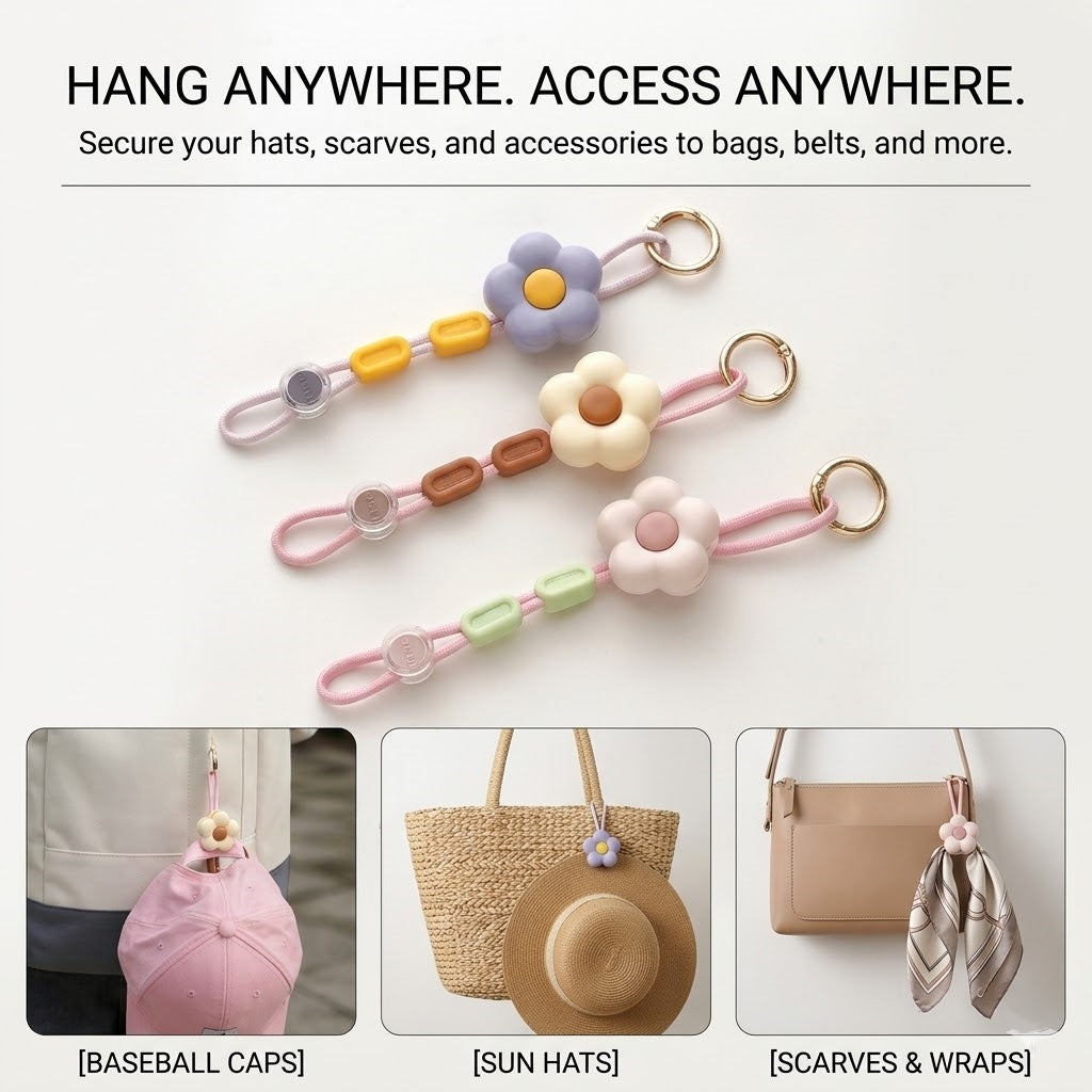 3-Piece Multipurpose Flower Hat Clip & Anti-Drop Lanyard with Adjustable Cord for Bags and Travel