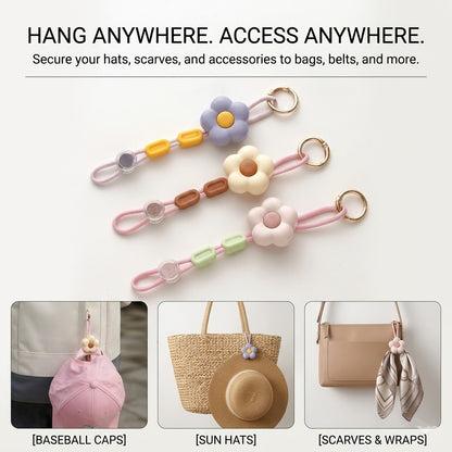 3-Piece Multipurpose Flower Hat Clip & Anti-Drop Lanyard with Adjustable Cord for Bags and Travel