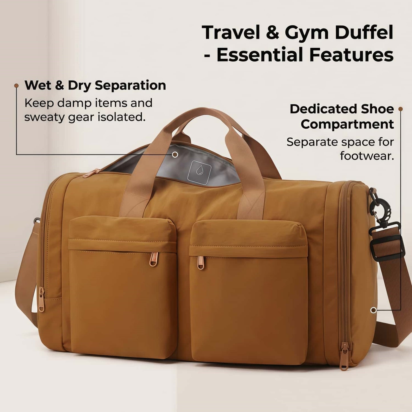 Foldable Travel Duffel Bag with Shoe Compartment & Wet Pocket, Water-Resistant Nylon Weekender Gym Bag