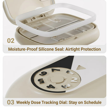 Portable 7-Day Pill & Vitamin Organizer Case | Moisture-Proof Travel Box with Tracking Dial and 7 Compartments