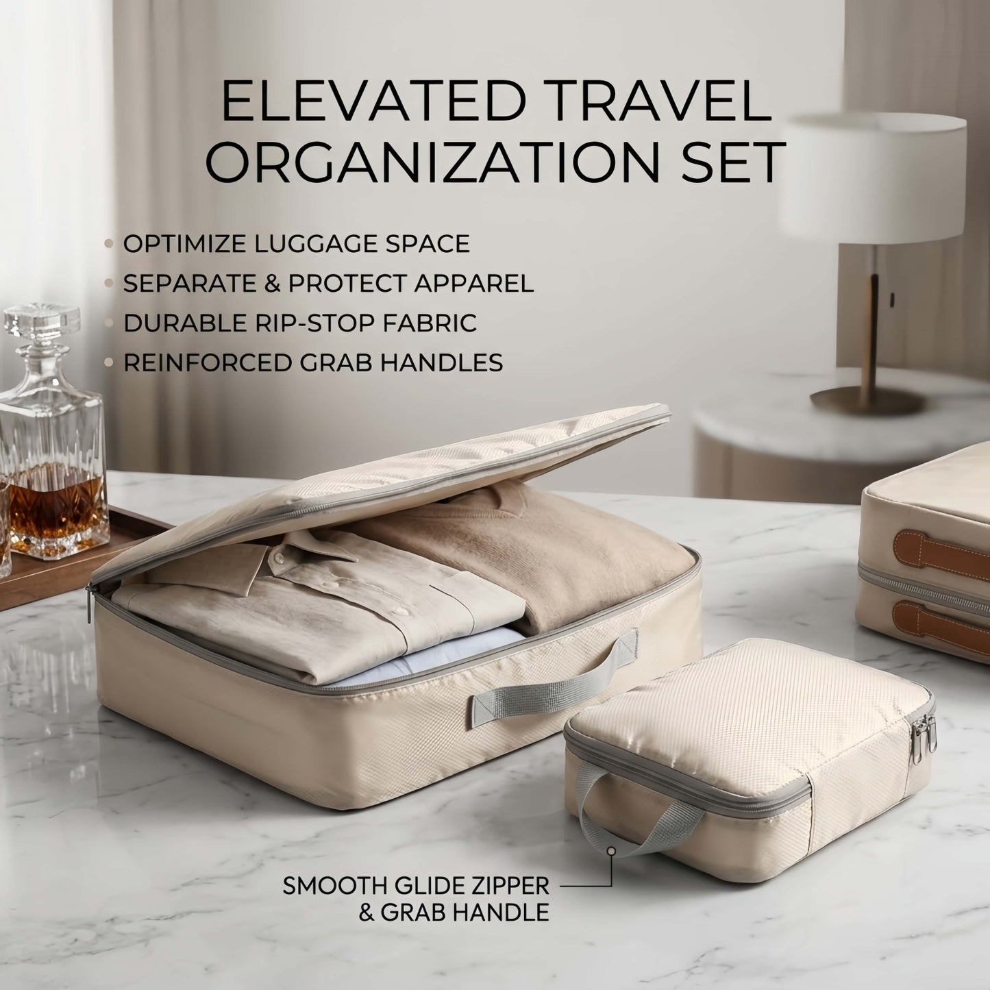 4-Piece Compression Packing Cube Set, Water-Resistant Travel Luggage Organizers - Khaki
