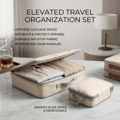 4-Piece Compression Packing Cube Set, Water-Resistant Travel Luggage Organizers - Khaki