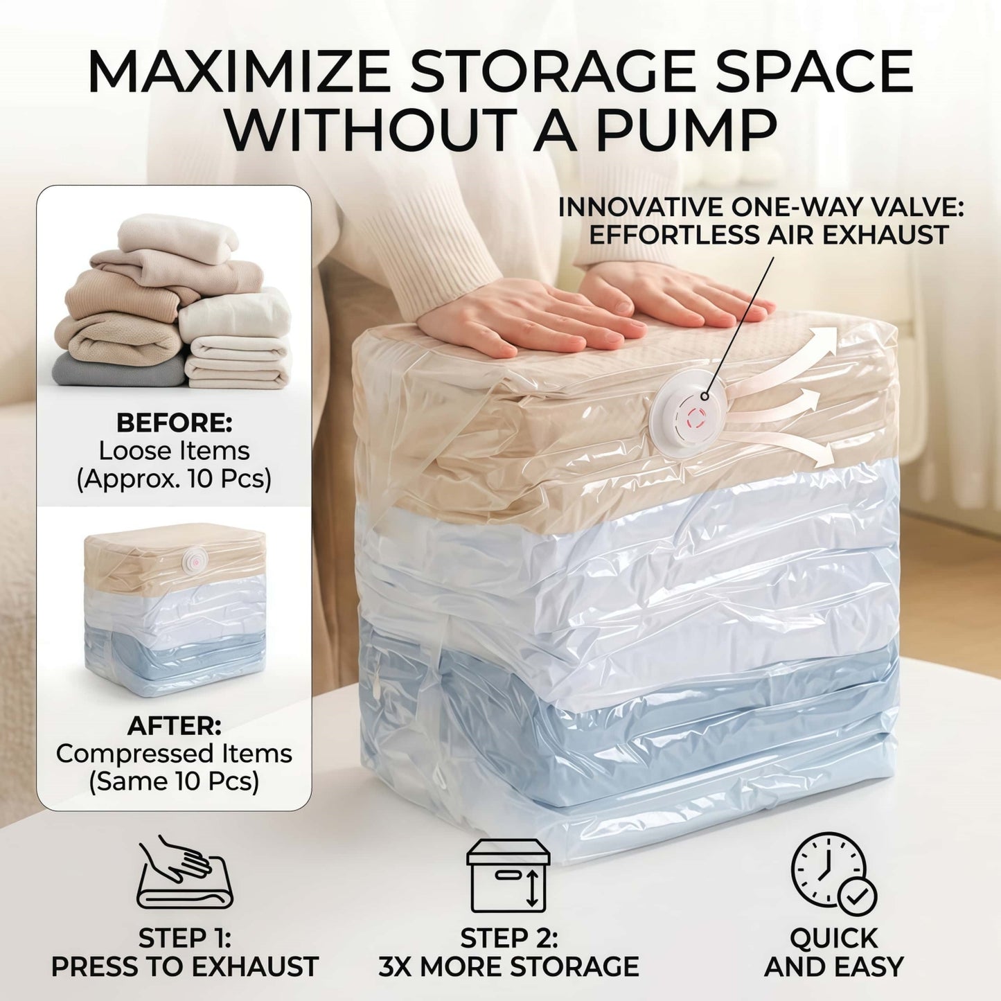 Heavy-Duty Cube Vacuum Storage Bags - No Pump Needed Space Saver Bags for Clothes & Bedding, Airtight & Waterproof