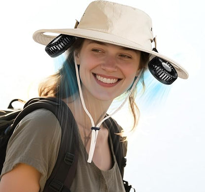 2-in-1 Wide Brim Solar Fan Sun Hat - UPF 50+ Waterproof Outdoor Cooling Neck Fan Hat for Hiking, Fishing & Camping