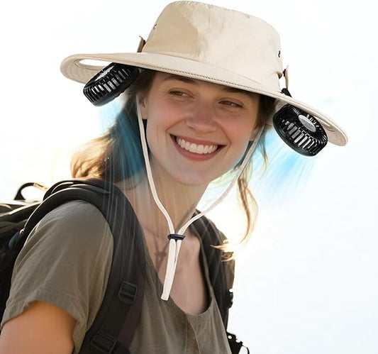 2-in-1 Wide Brim Solar Fan Sun Hat - UPF 50+ Waterproof Outdoor Cooling Neck Fan Hat for Hiking, Fishing & Camping