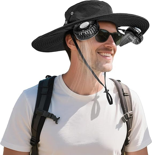 2-in-1 Wide Brim Solar Fan Sun Hat - UPF 50+ Waterproof Outdoor Cooling Neck Fan Hat for Hiking, Fishing & Camping