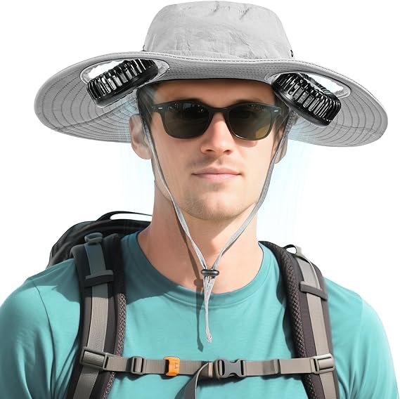 2-in-1 Wide Brim Solar Fan Sun Hat - UPF 50+ Waterproof Outdoor Cooling Neck Fan Hat for Hiking, Fishing & Camping