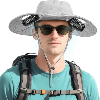 2-in-1 Wide Brim Solar Fan Sun Hat - UPF 50+ Waterproof Outdoor Cooling Neck Fan Hat for Hiking, Fishing & Camping