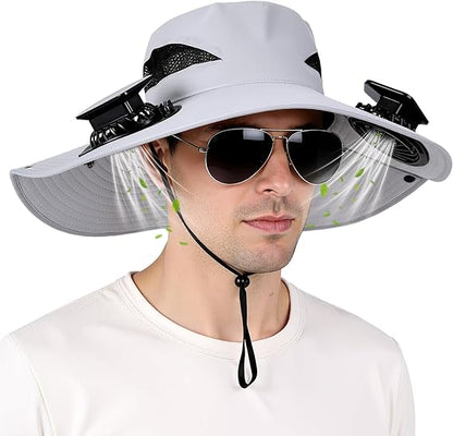 Unisex UPF 50+ Wide Brim Solar Cooling Fan Sun Hat with USB Charging & Breathable Mesh