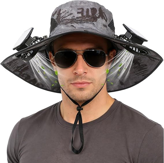 Unisex UPF 50+ Wide Brim Solar Cooling Fan Sun Hat with USB Charging & Breathable Mesh