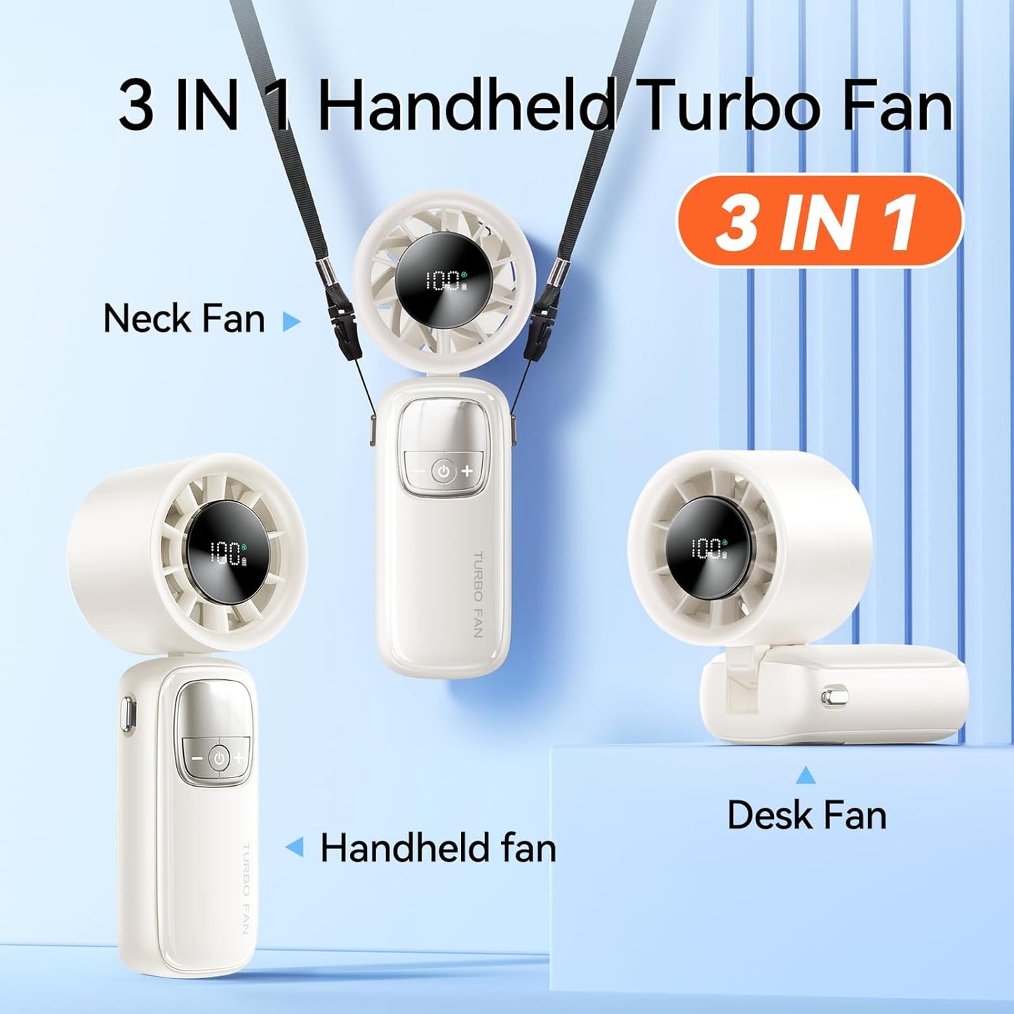 3-in-1 Portable Handheld Turbo Fan – 100 Speed Adjustable Mini Neck & Desk Fan with LED Display & 3000mAh Battery