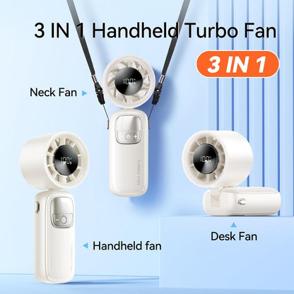 3-in-1 Portable Handheld Turbo Fan – 100 Speed Adjustable Mini Neck & Desk Fan with LED Display & 3000mAh Battery