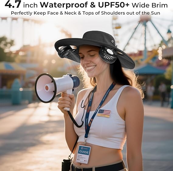 2-in-1 Wide Brim Solar Fan Sun Hat - UPF 50+ Waterproof Outdoor Cooling Neck Fan Hat for Hiking, Fishing & Camping