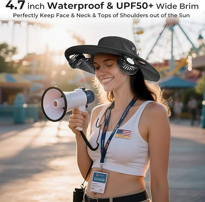 2-in-1 Wide Brim Solar Fan Sun Hat - UPF 50+ Waterproof Outdoor Cooling Neck Fan Hat for Hiking, Fishing & Camping
