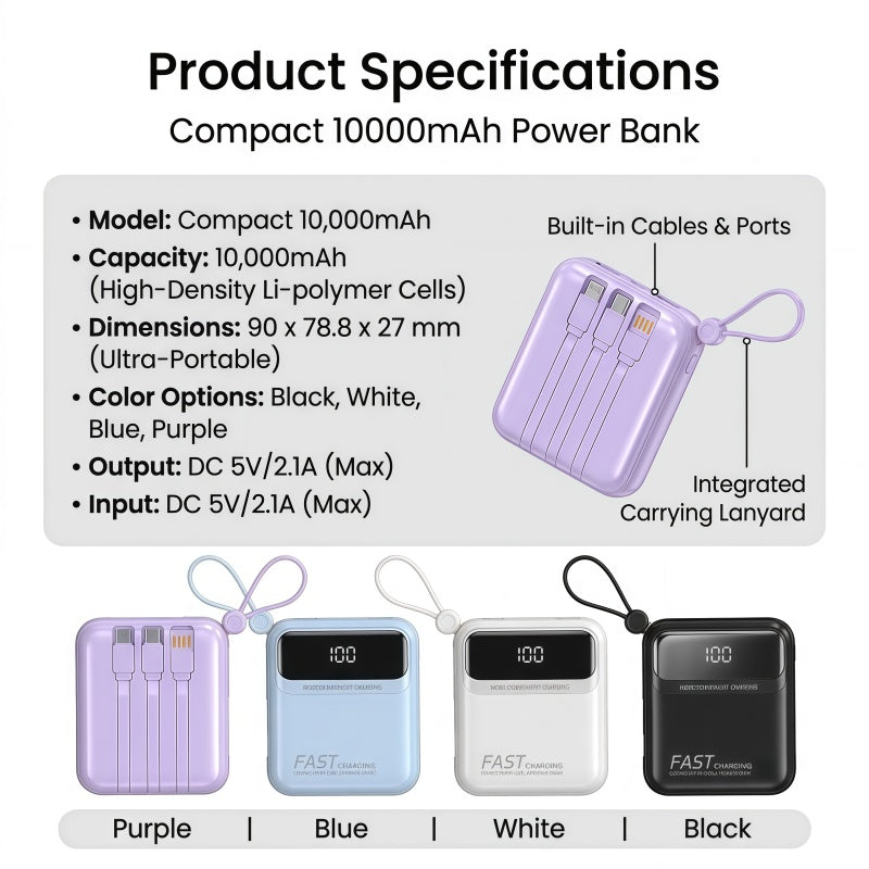 10000mAh Portable Power Bank with Built-in 4 Cables & Lanyard - Fast Charging Travel Battery Pack for iPhone, USB-C & Android