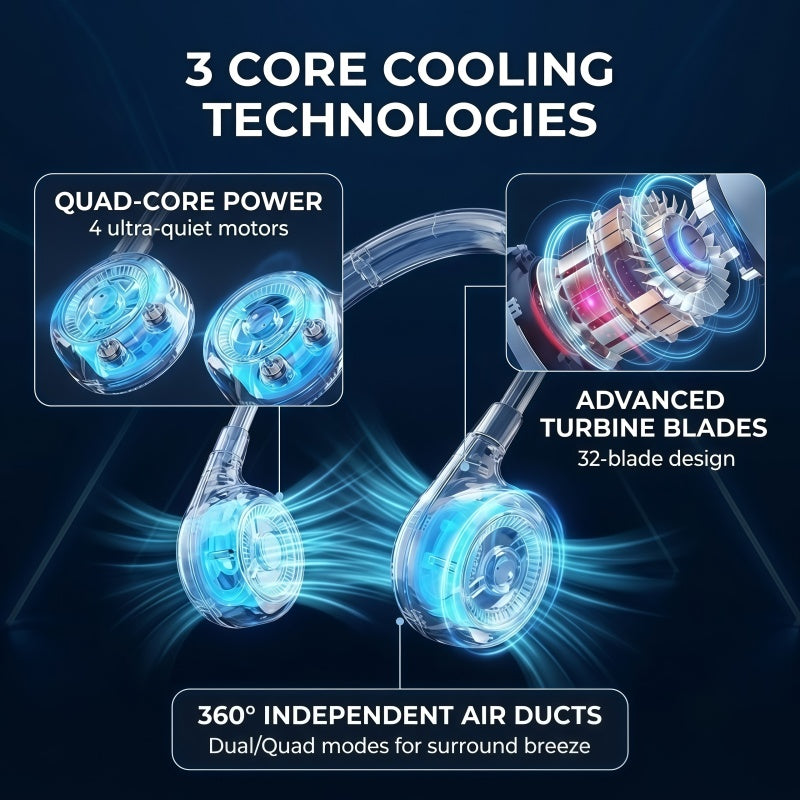 Portable Bladeless Neck Fan – Hands-Free Rechargeable Wearable Personal Fan with 360° Surround Cooling & 3 Speed Settings