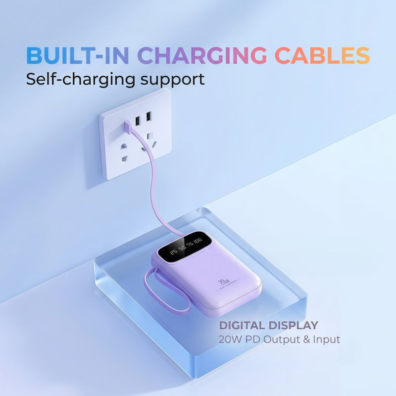 20W PD Fast Charging Portable Power Bank with Built-in Cables, LED Display & Flashlight