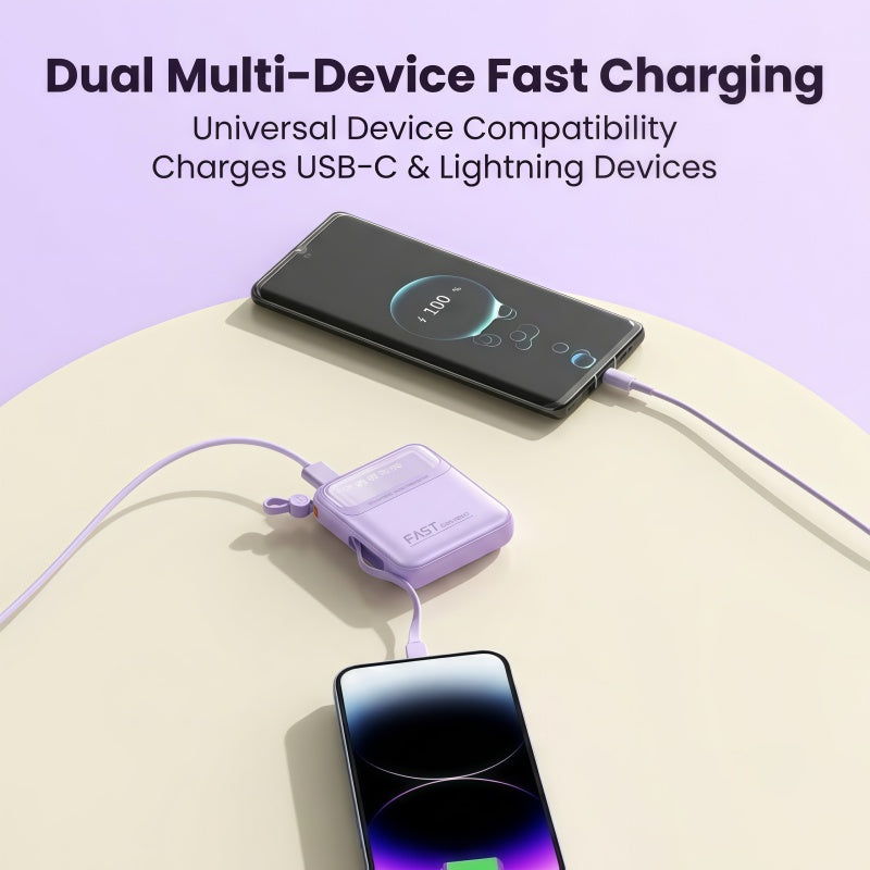 10000mAh Portable Power Bank with Built-in 4 Cables & Lanyard - Fast Charging Travel Battery Pack for iPhone, USB-C & Android