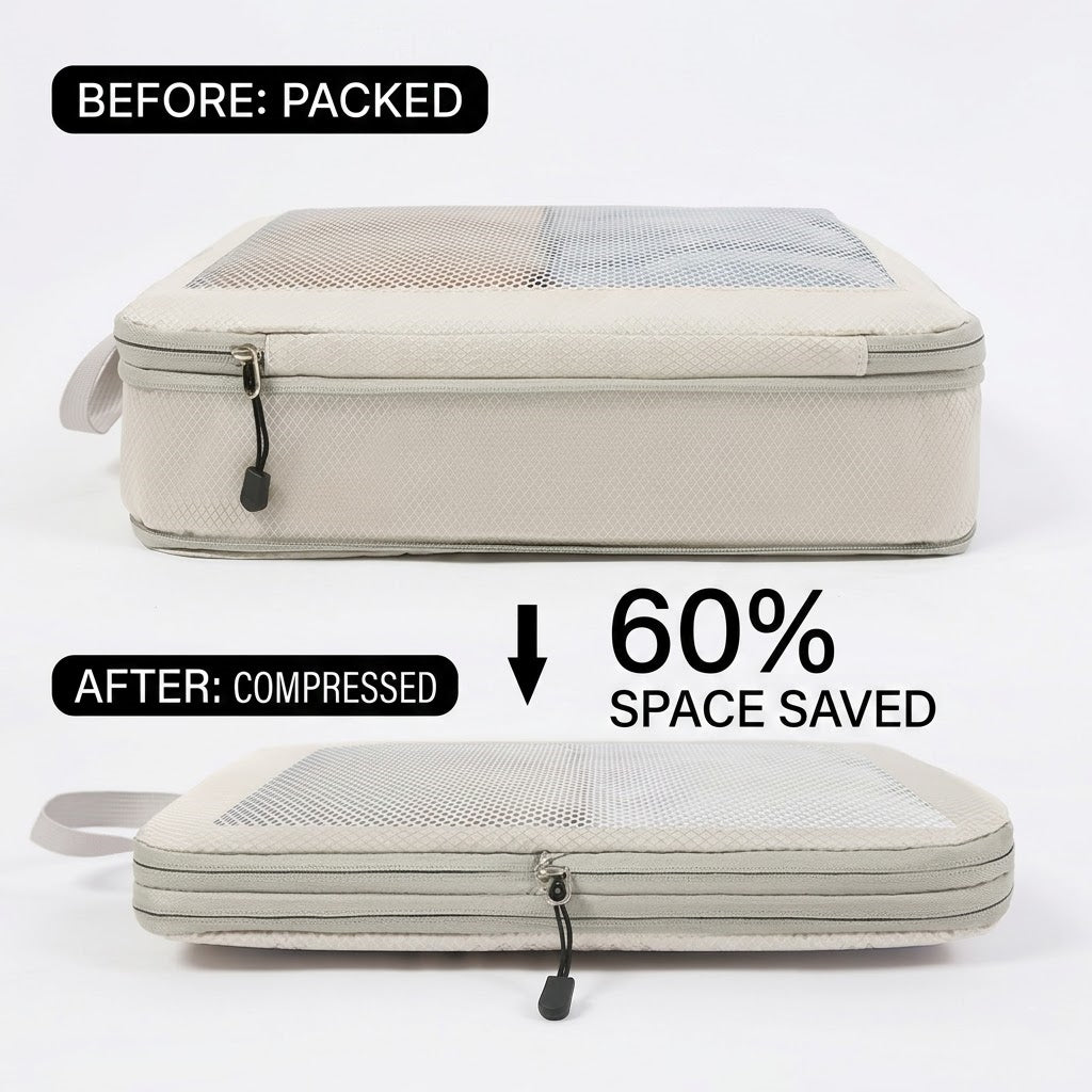 Compression Packing Cubes Set for Travel Luggage - Water-Repellent Organizers with Shoe Bags & Pouches
