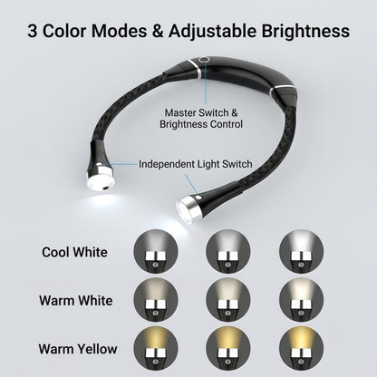 Rechargeable LED Neck Reading Light – Hands-Free Flexible Book Light with 3 Color Modes & Power Bank