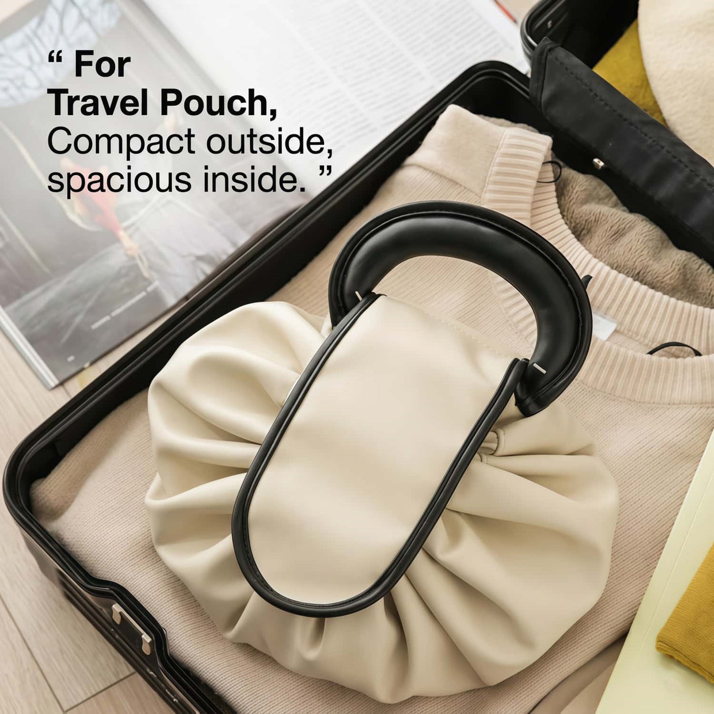 Vegan Leather Drawstring Makeup Bag - Lay-Flat Travel Cosmetic Organizer Pouch, Khaki