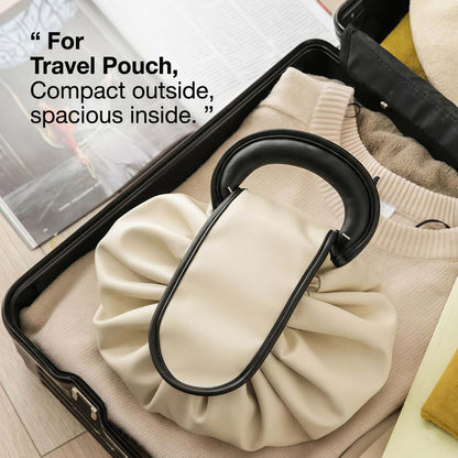 Vegan Leather Drawstring Makeup Bag - Lay-Flat Travel Cosmetic Organizer Pouch, Khaki