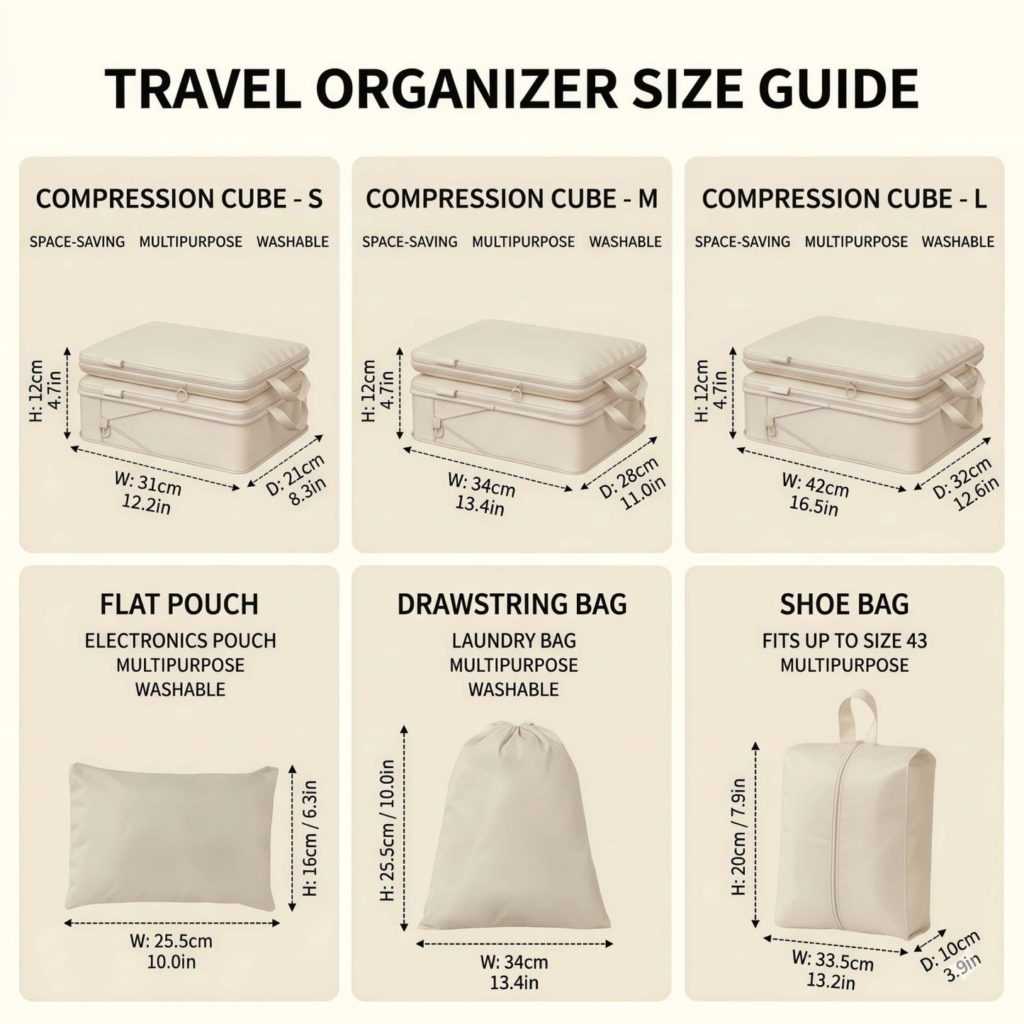 7-Piece Compression Packing Cubes Set for Travel, Water-Resistant Luggage Organizers - Beige