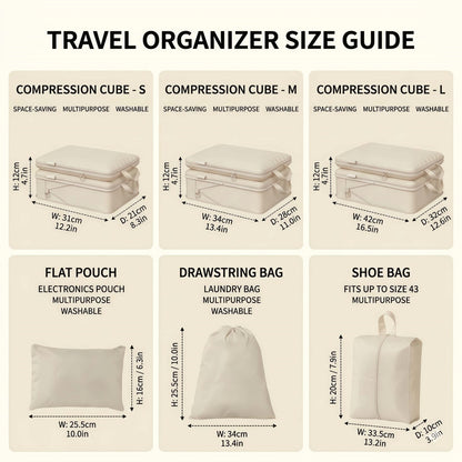 7-Piece Compression Packing Cubes Set for Travel, Water-Resistant Luggage Organizers - Beige
