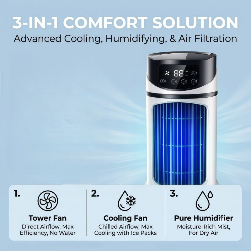 3-in-1 Portable Evaporative Air Cooler & Humidifier – Desk Tower Fan with LED Touch Screen, 6 Speeds & 12H Timer