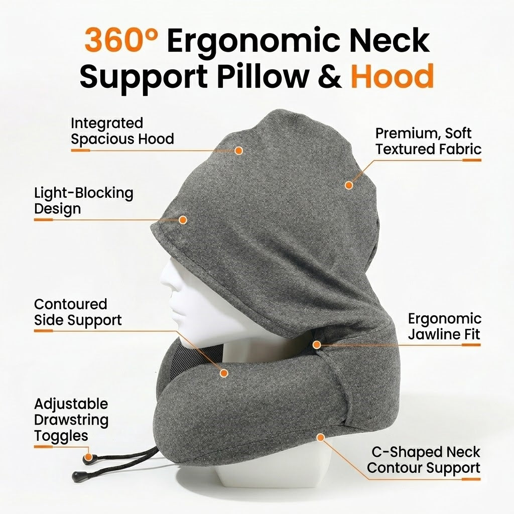 Ergonomic Memory Foam Travel Neck Pillow with Integrated Light-Blocking Hood & Compact Pouch