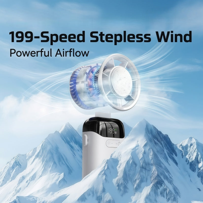 Portable Handheld Turbo Fan with Semiconductor Cooling Plate, 199 Stepless Speeds, 3000mAh Rechargeable Foldable Personal Desk Fan with LED Display