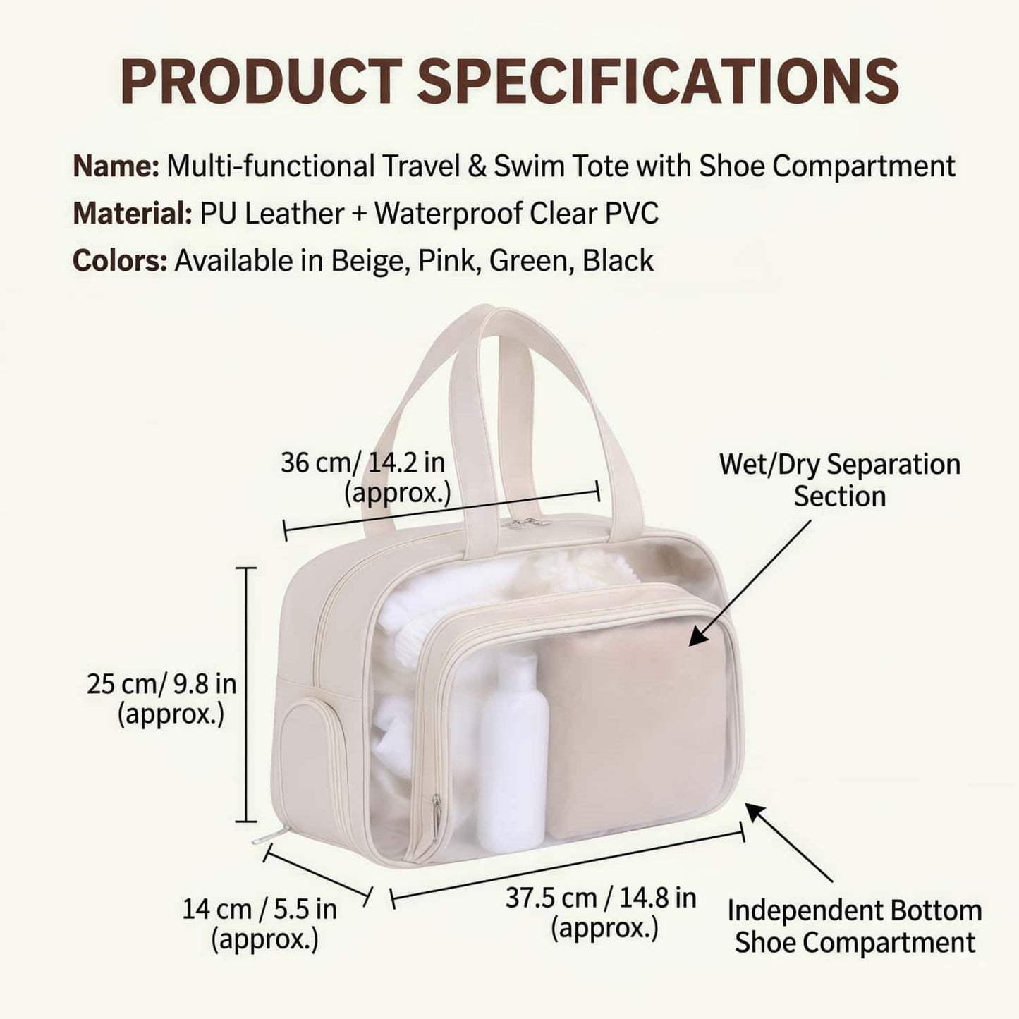 Water-Resistant Clear Travel Tote Bag with Shoe Compartment - PU Leather Gym Duffel with Wet/Dry Pocket