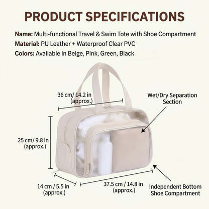 Water-Resistant Clear Travel Tote Bag with Shoe Compartment - PU Leather Gym Duffel with Wet/Dry Pocket