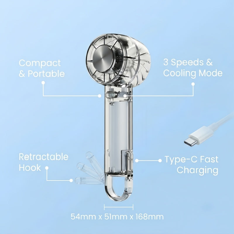 3-in-1 Portable Cyberpunk Mini Handheld Fan – Ultra-Quiet USB-C Rechargeable Personal Desk & Clip-On Fan with Cold Compress Feature
