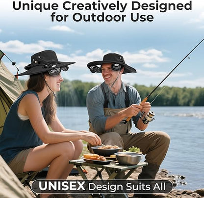 2-in-1 Wide Brim Solar Fan Sun Hat - UPF 50+ Waterproof Outdoor Cooling Neck Fan Hat for Hiking, Fishing & Camping