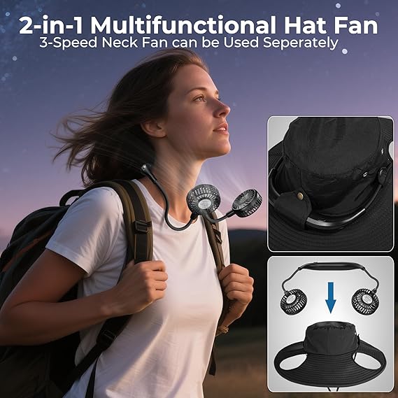 2-in-1 Wide Brim Solar Fan Sun Hat - UPF 50+ Waterproof Outdoor Cooling Neck Fan Hat for Hiking, Fishing & Camping