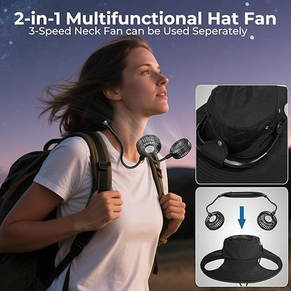 2-in-1 Wide Brim Solar Fan Sun Hat - UPF 50+ Waterproof Outdoor Cooling Neck Fan Hat for Hiking, Fishing & Camping