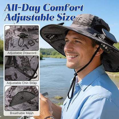 Unisex UPF 50+ Wide Brim Solar Cooling Fan Sun Hat with USB Charging & Breathable Mesh