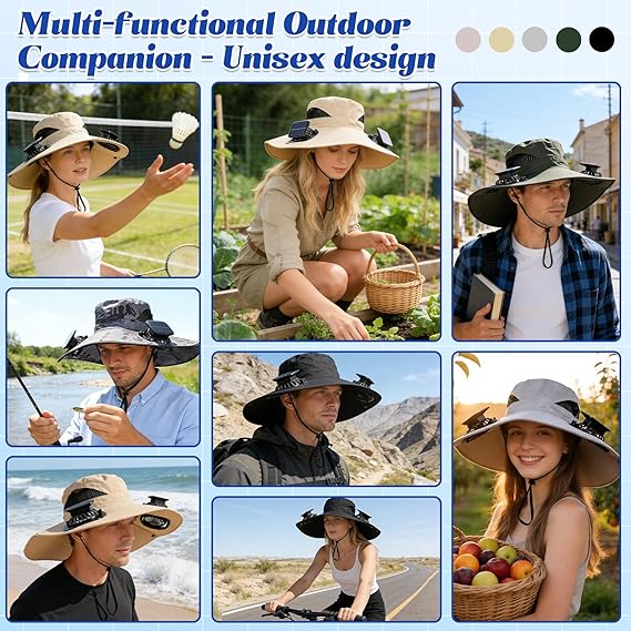 Unisex UPF 50+ Wide Brim Solar Cooling Fan Sun Hat with USB Charging & Breathable Mesh