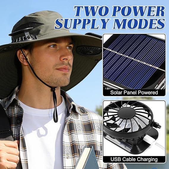 Unisex UPF 50+ Wide Brim Solar Cooling Fan Sun Hat with USB Charging & Breathable Mesh