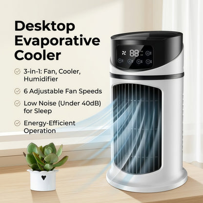3-in-1 Portable Evaporative Air Cooler & Humidifier – Desk Tower Fan with LED Touch Screen, 6 Speeds & 12H Timer