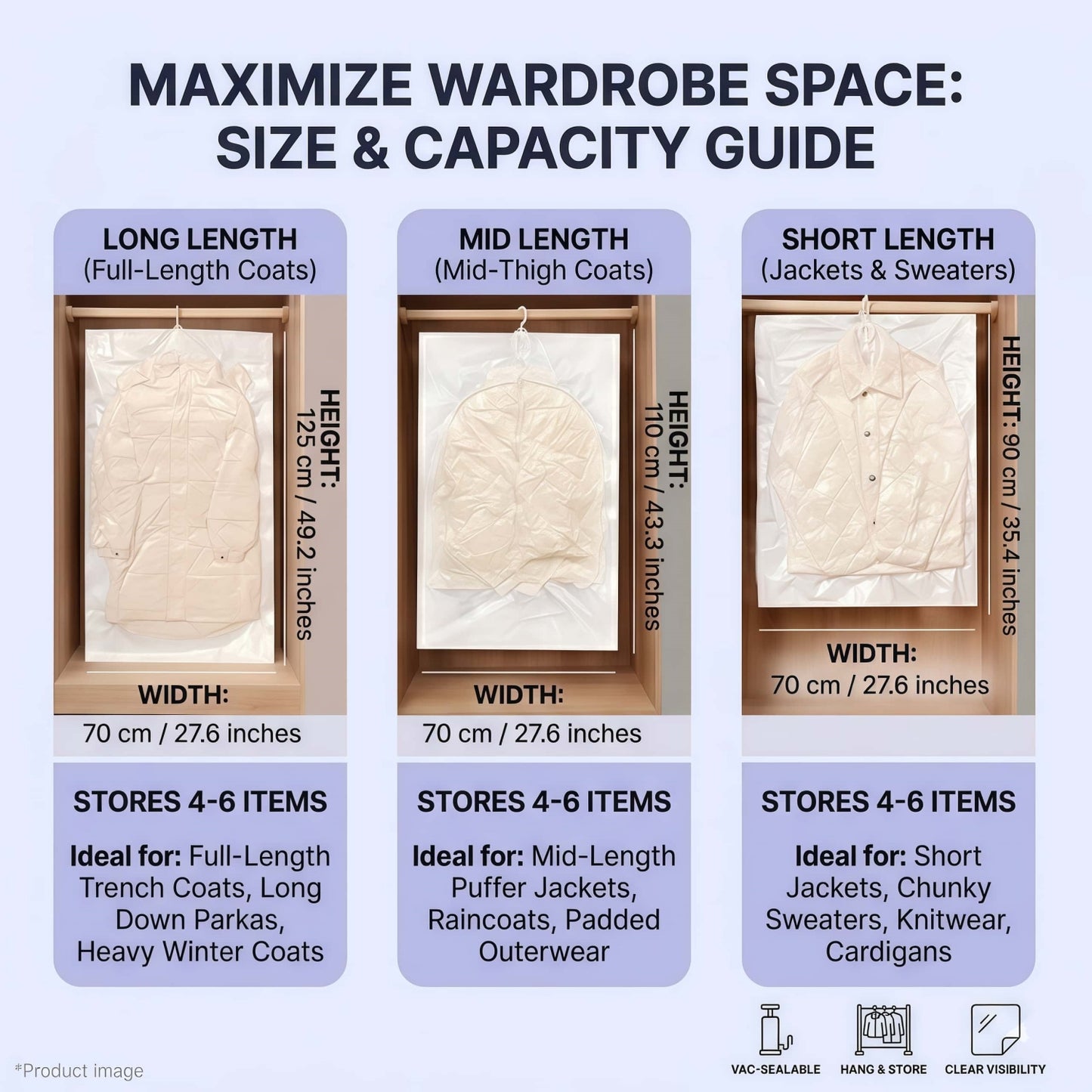 Heavy-Duty Hanging Vacuum Storage Bags for Closet Organization, Clear Space Saving Garment Bags with Hook