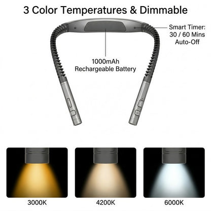 LED Neck Reading Light – Rechargeable Wearable Book Light with 3 Color Modes, Stepless Dimming & Auto-Off Timer