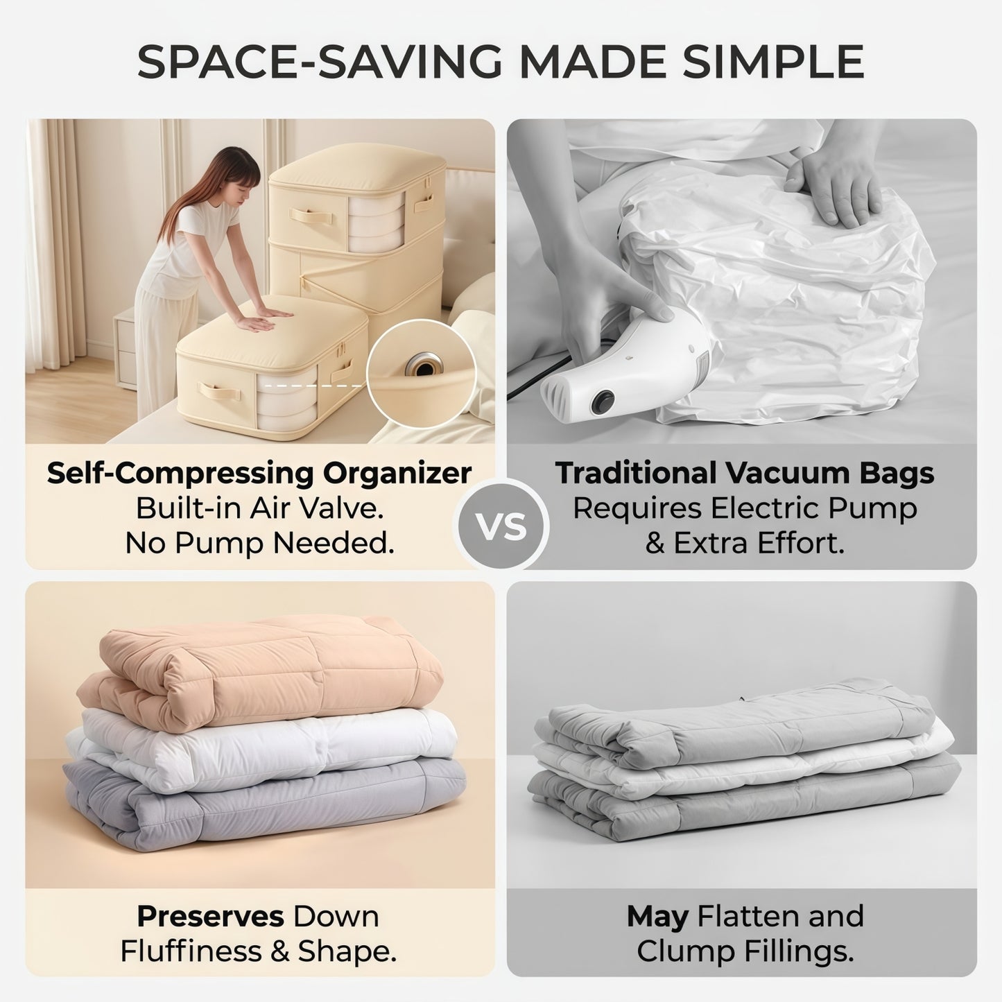 Multi-Layer Compressible Fabric Storage Bag with Air Valve and Window for Blankets Quilts, Multiple Sizes