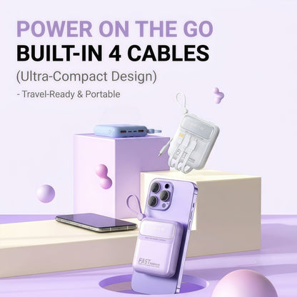 10000mAh Portable Power Bank with Built-in 4 Cables & Lanyard - Fast Charging Travel Battery Pack for iPhone, USB-C & Android