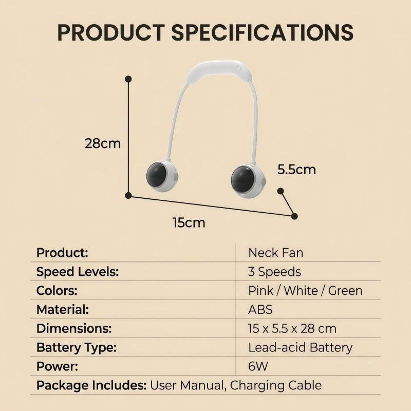 Portable Neck Fan, 360° Flexible Hands-Free Wearable Personal Fan with 3 Speeds & Dual Turbines