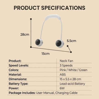 Portable Neck Fan, 360° Flexible Hands-Free Wearable Personal Fan with 3 Speeds & Dual Turbines