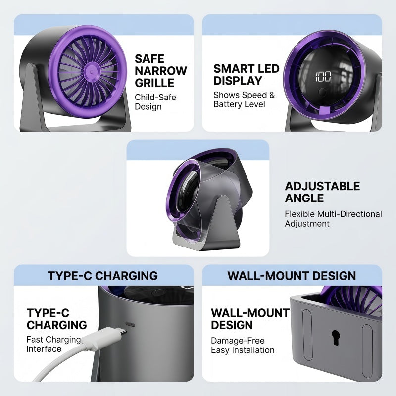 2-in-1 Turbo Desk & Wall Mount Personal Cooling Fan – Smart LED Display, 100 Speed Settings & 180° Vertical Tilt